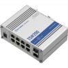 Switch Ethernet industriale con 2 porte SFP per comunicazioni a lungo raggio tramite fibra ottica e 8 porte Ethernet Gigabit che supportano gli standard PoE IEEE802.af e IEEE802.3at.TELTONIKA